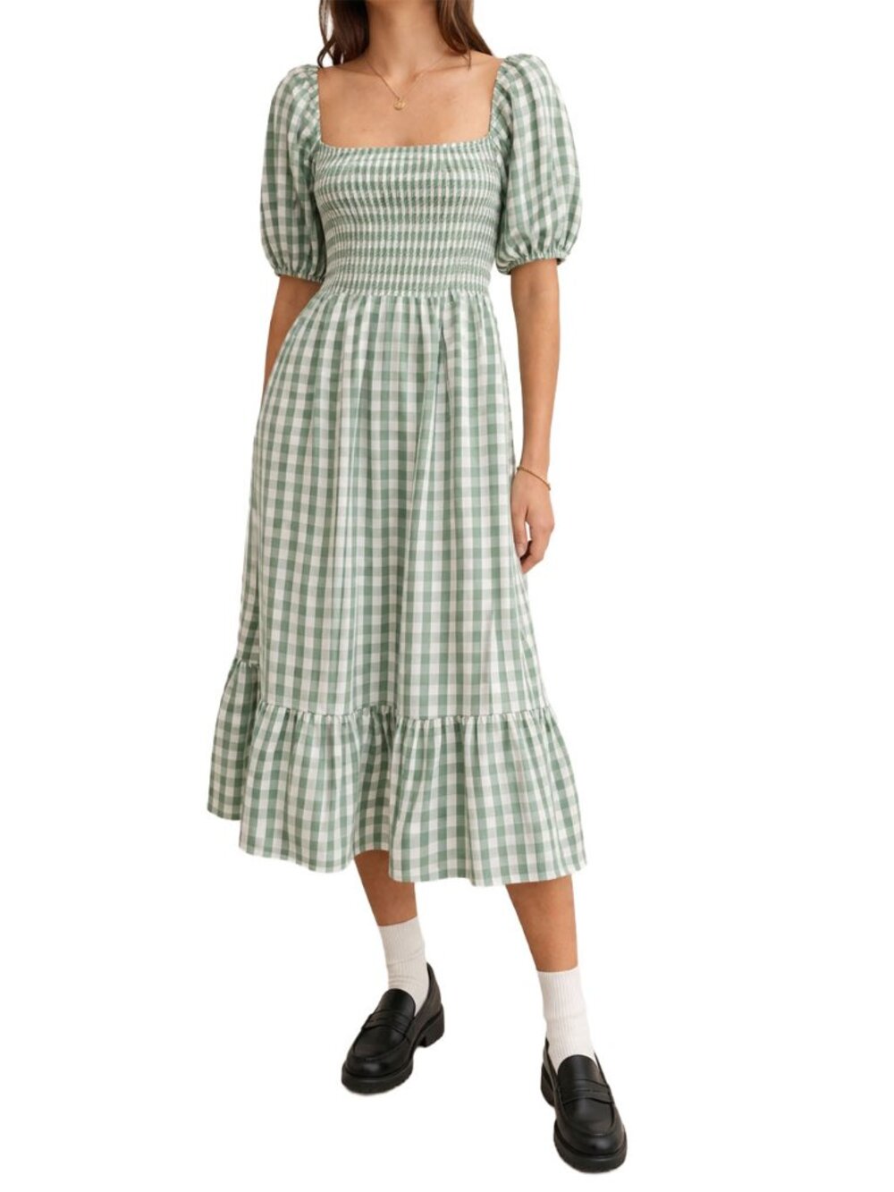 Reformation Rupert Midi Dress Green Gingham Puff Sleeve Cottagecore Prairie XS